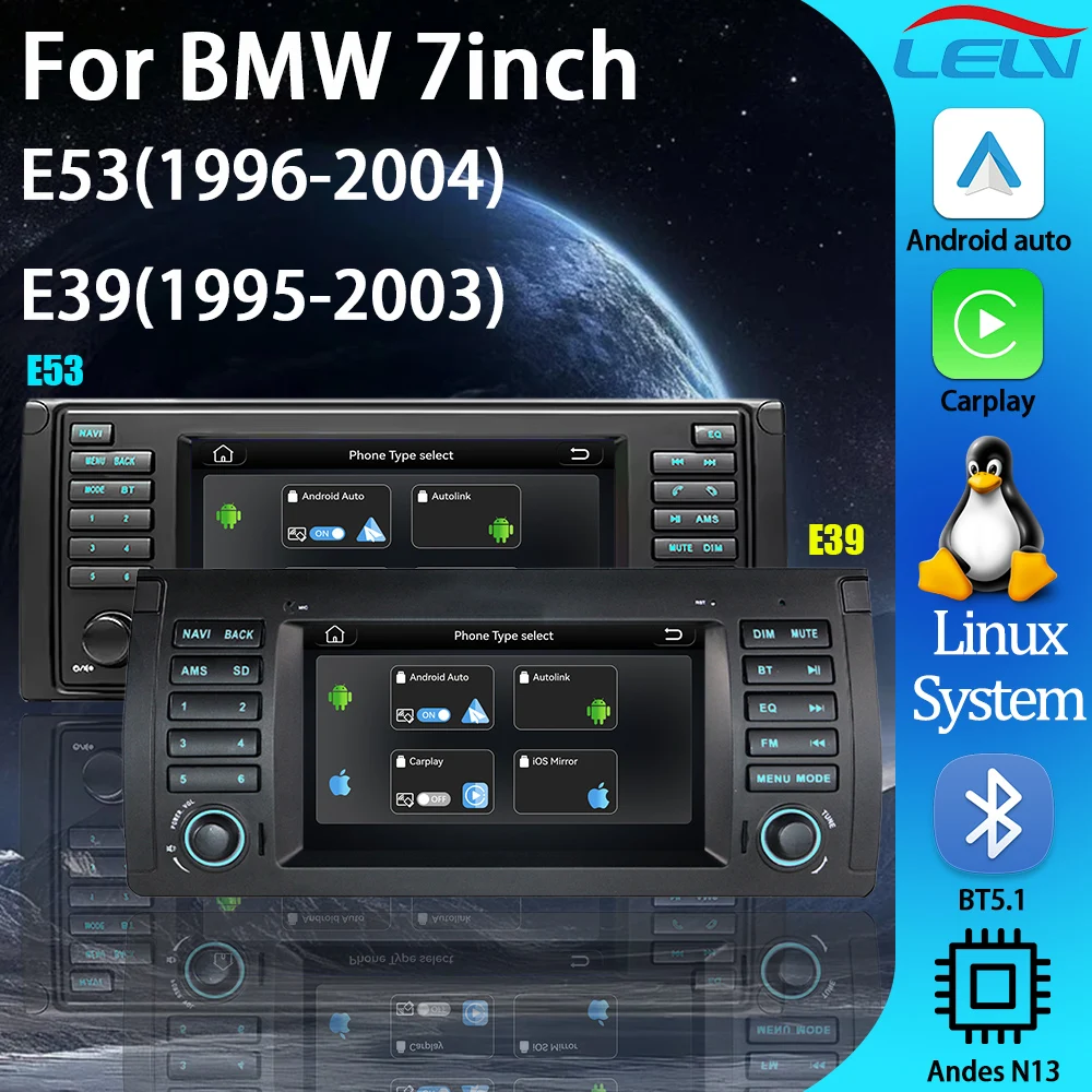 

Автомагнитола LELV 7'' с Linux-системой для BMW E39 E53 1995-2004 с CarPlay, Android Auto, DSP, IPS-экраном, BT5, GPS-навигацией