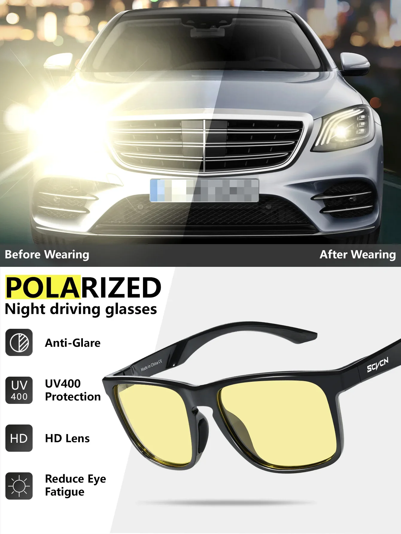 SCVCN Polarisierte Nachtfahrbrille mit Gelben Gläsern, Blendschutz für Angeln, Radfahren, Outdoor-Sport, Camping und Laufen – Detail 6