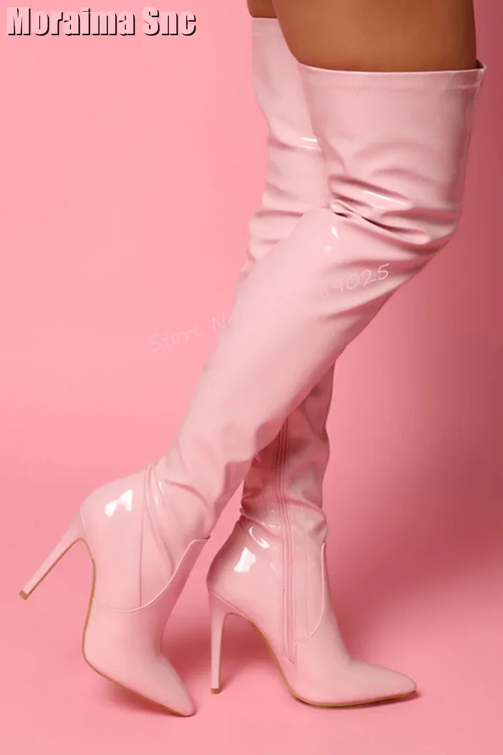 Patent Leather Thigh High Boots Stiletto High Heel Pointed Toe Side Zipper Pink Solid Sexy Women Long Boots Fashion Autumn 2023