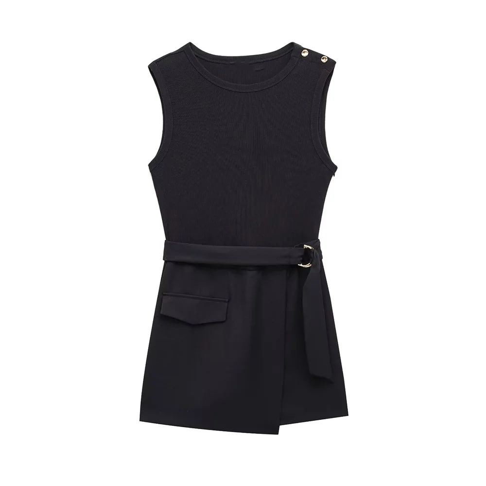 

Women's Belted Jumpsuit Round Neck Sleeveless Button Decoration Side Zipper Shorts Spring Summer New Casual Chic Jumpsuit