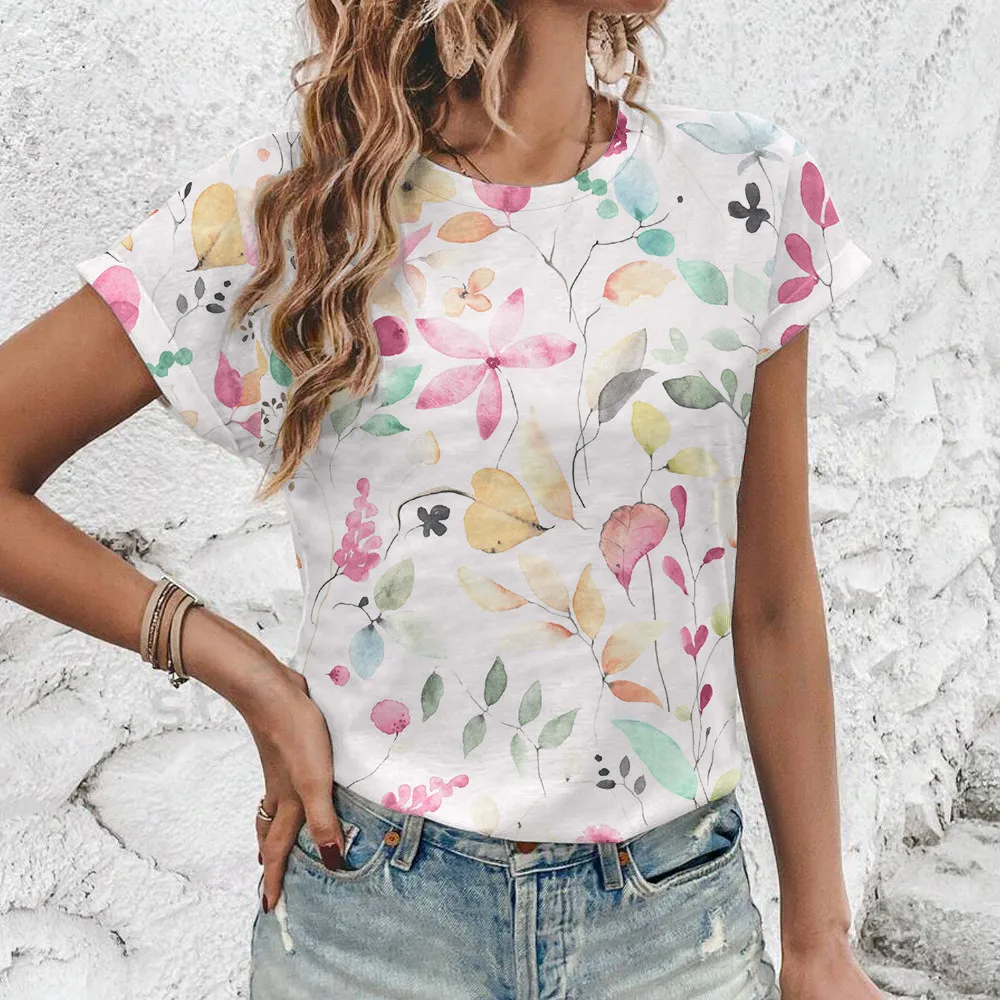 Fashion New Breathable Loose Round Neck T-shirt Summer Casual Comfortable T-shirt Vintage Flower Print Elegant Women\'s T-shirt