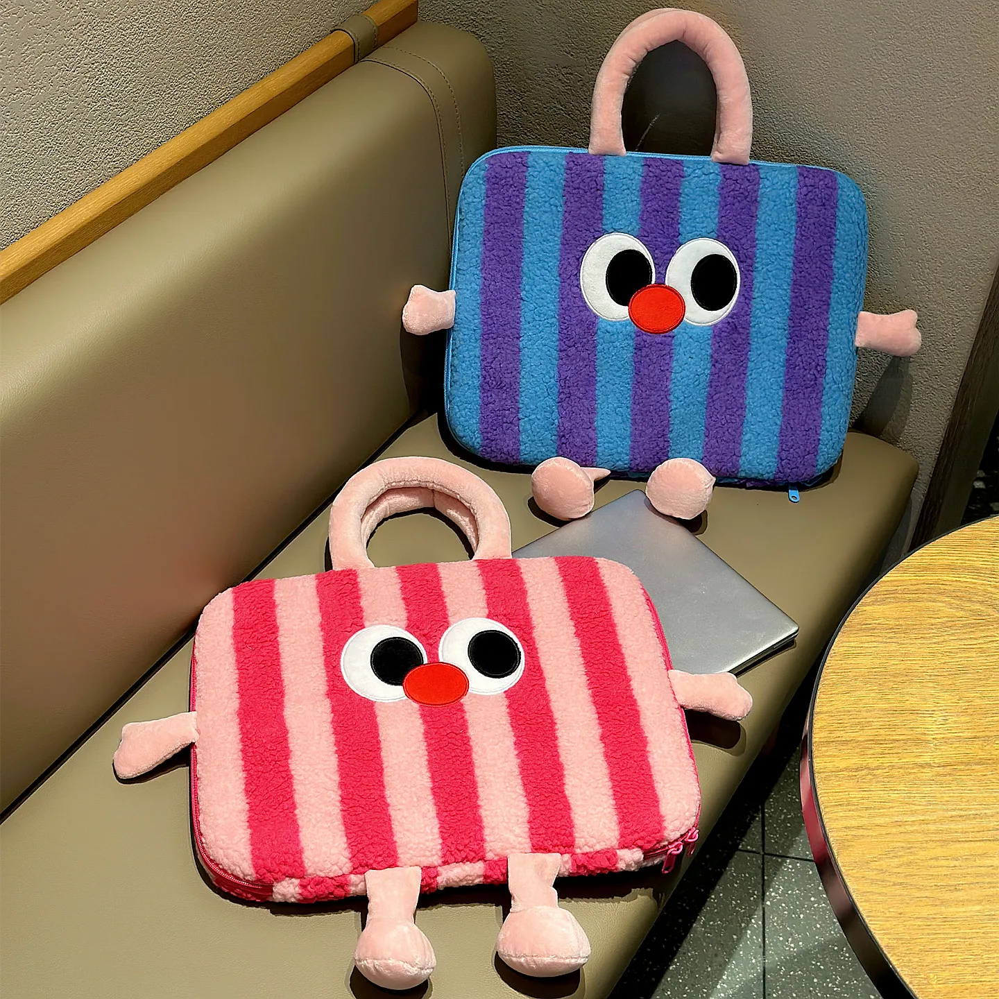 

Striped Dopamine Big-Eyed Monster Laptop Bag, Portable Notebook Handbag, Document Bag & Tablet Storage Bag