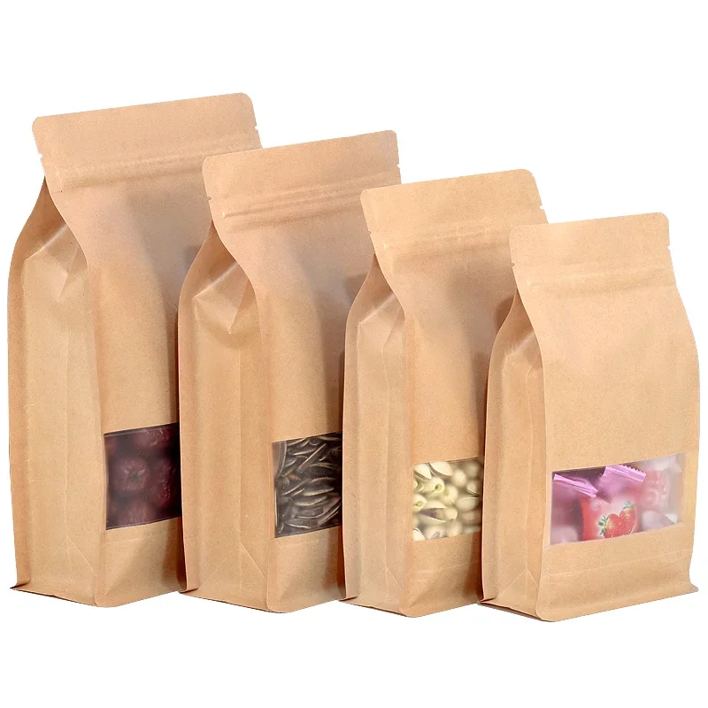 

50pcs Eight-Side Seal Kraft Paper Window Ziplock Bag Heat Sealing Biscuit Nuts Spice Coffee Storage Printing Packaging Pouches