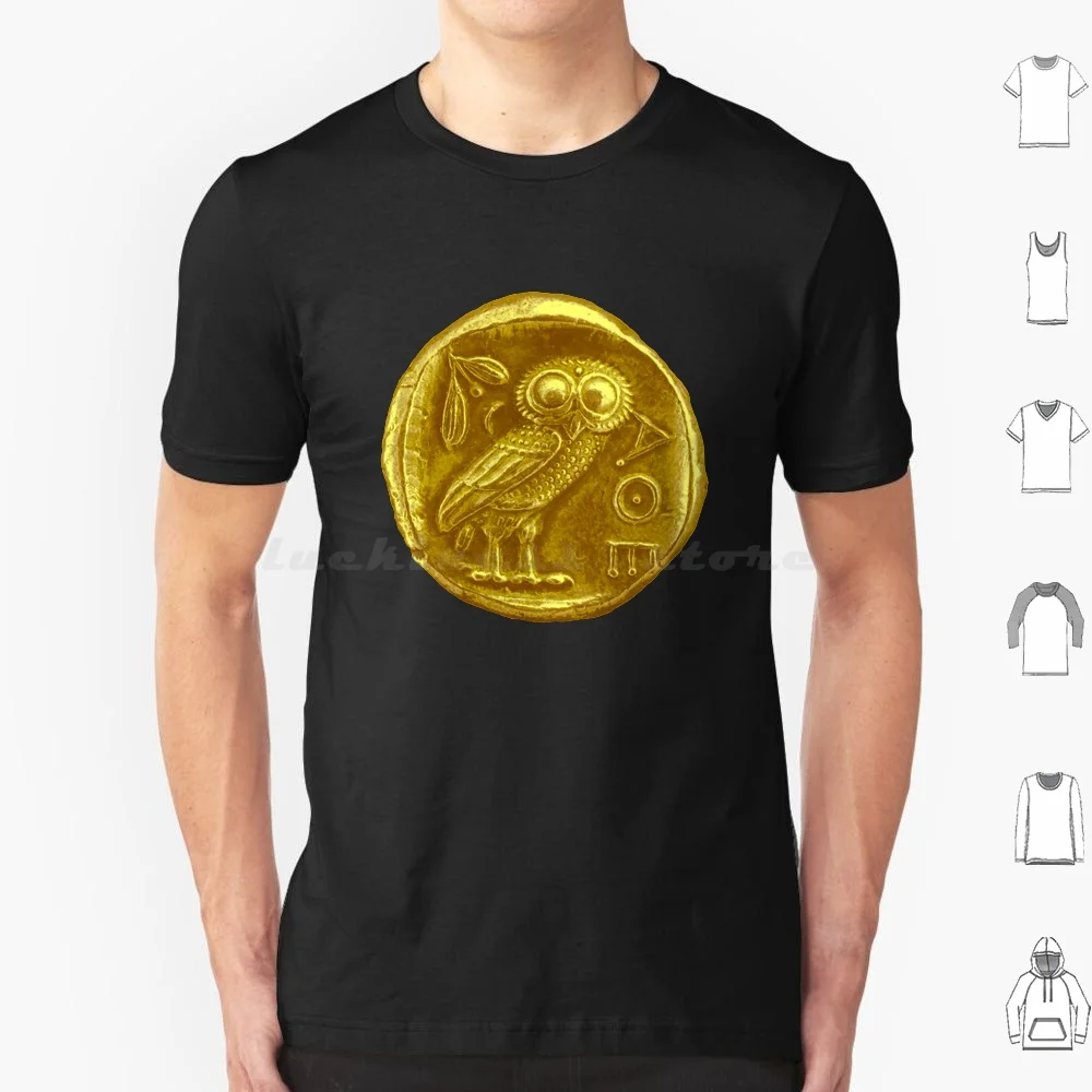 Antique Owl Gold Coin T Shirt Big Size 100% Cotton Owl Owls Bird Birds Ancient Greek Coin Athena Tetradrachm Owl Of Athena