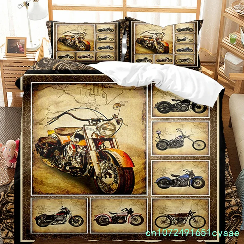 Transportation King Queen Duvet Cover Retro Motorcycle Bedding Set For Kid Teens Adults Vintage Car 2/3pcs Polyester Quilt Cover