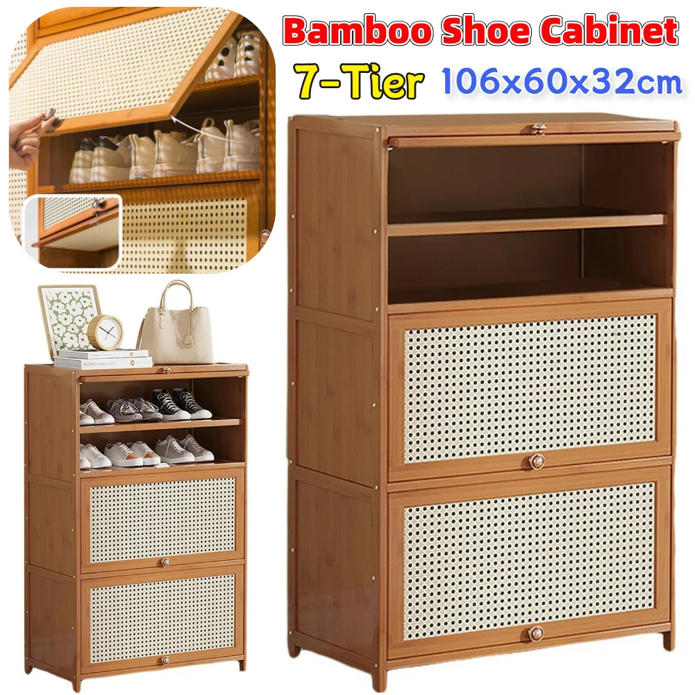 7-Tier Bamboo Shoe Cabinet Freestanding Shoe Organizer Rack with 2 Flip Drawers & Door Shoe Storage Cabinet for Home Living Room