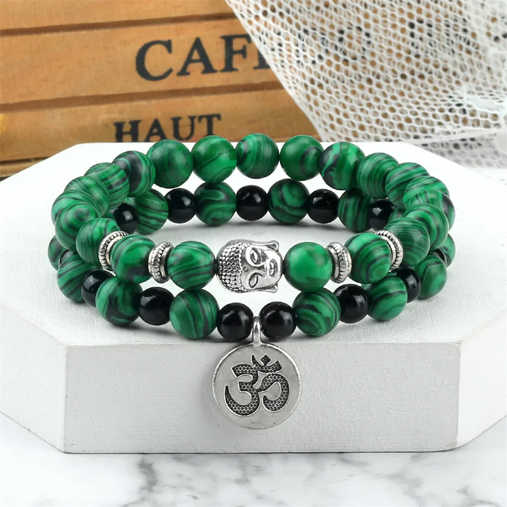 2pcs Buddha Head Charm Men Bracelets Vintage Natural Lava Stone Tiger Eye Malachite Beads Bangles Women Meditation Yoga Jewelry