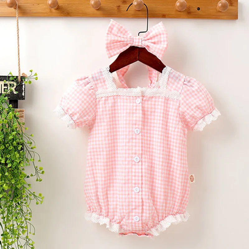 

2024 New Summer 0-24M Children Clothes Infant Baby Girls Bodysuits Short Sleeved Cotton Plaid Toddler Baby Girls Jumpsuit