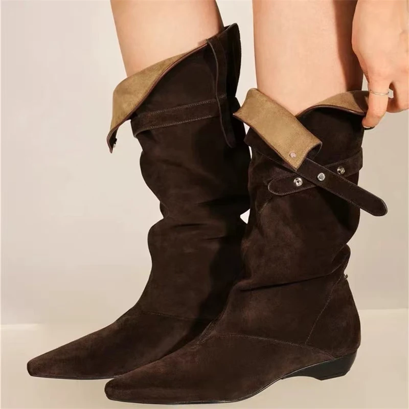 

Liyke Vintage Style Fold Button Women Mid Calf Boots Fashion Pointed Toe Low Strange Heels Cowboy Ladies Shoes Zapatos De Mujer