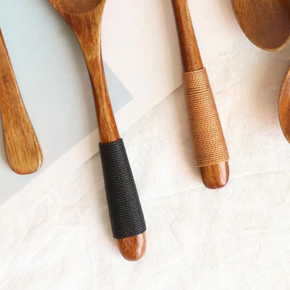 

5Pcs Ecofriendly Wooden Spoon Natural Material Practical Kids Love Tea House Shop Home Use 14cm Black Twine