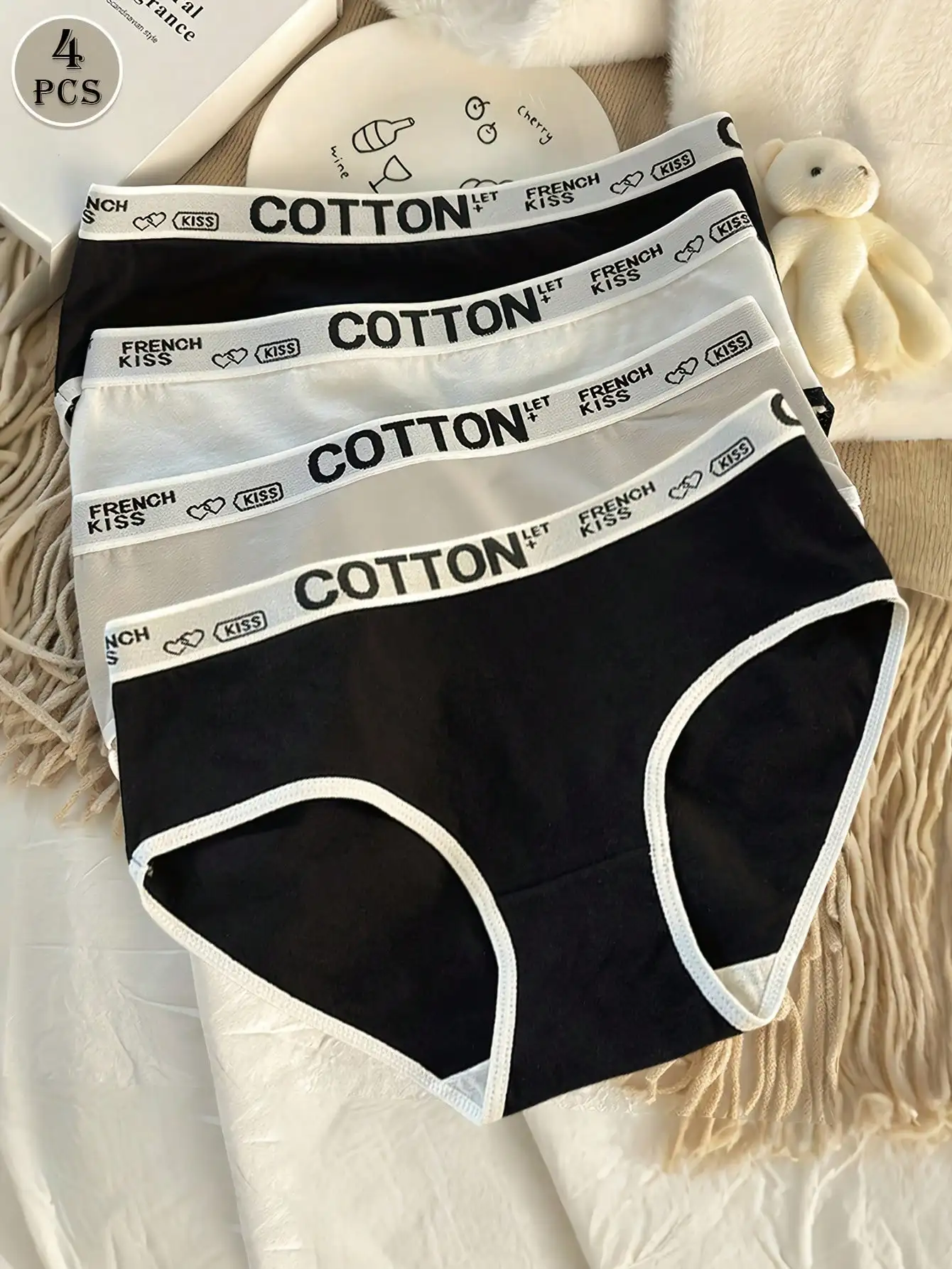 4Pcs Letter Print Triangle Panties, Contrast Trim, Elastic Waistband, Soft Stylish Elegant Ladies Underwear, All Season Wear