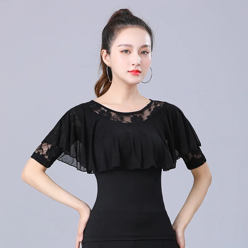 Top de vals moderno para danza cuadrada, ropa de baile femenina con cuello redondo, traje de baile latino con volantes, salón de baile de verano