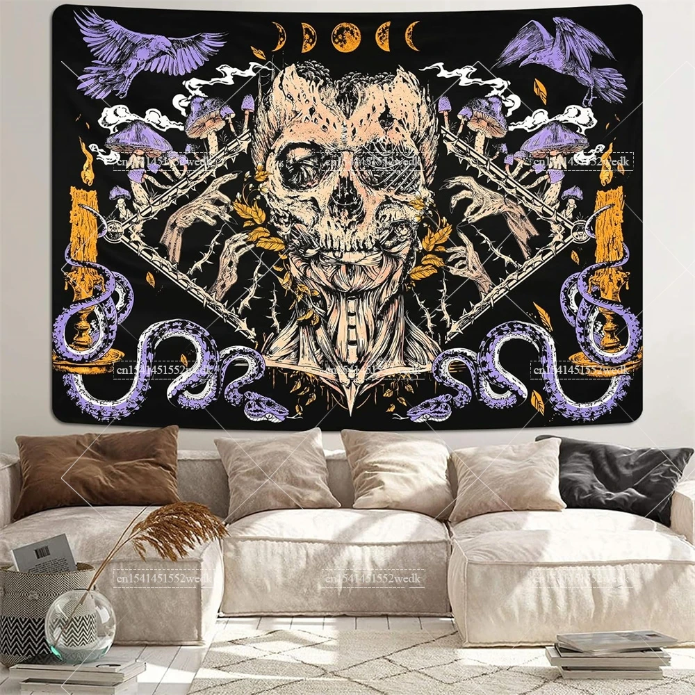 Skull Tapestry Snake Trippy Skeleton Tapestries Vintage Gothic Moon PhaseTapestry Wall Hanging Room Decor Aesthetic Stickers