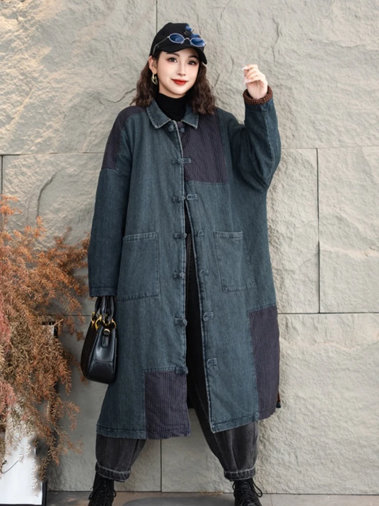 Amax lulue chinês inverno longo parkas das mulheres do vintage moda solta denim acolchoado jaquetas senhoras clássico casual engrossar casacos quentes