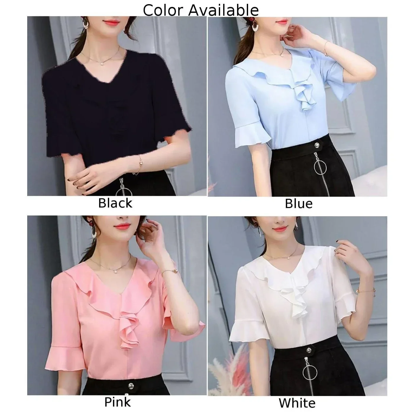 Chiffon Short Sleeves Women Shirt Summer Simple Top Versatile Loose V-Neck