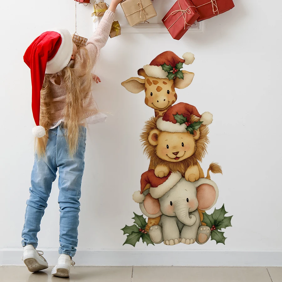 Santa Hat Giraffe Lion Elephant Christmas Wall Stickers Removable PVC Holly & Gifts For Living Room Nursery Playroom Decor