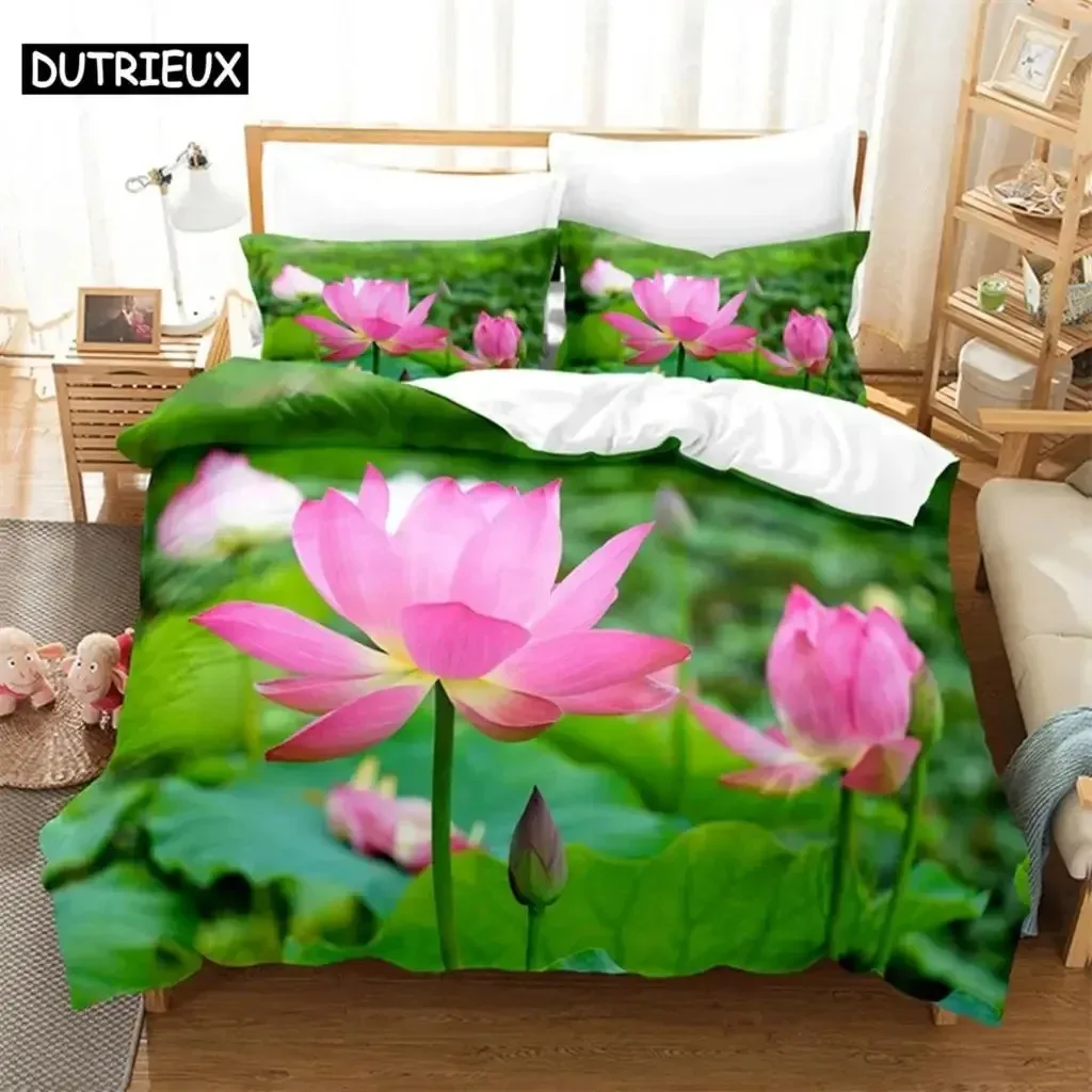 

Pink Lotus Queen Bedding Set Green Duvet Cover Set Kids Bedding Digital Printing Bed Linen King Size Duvet Cover