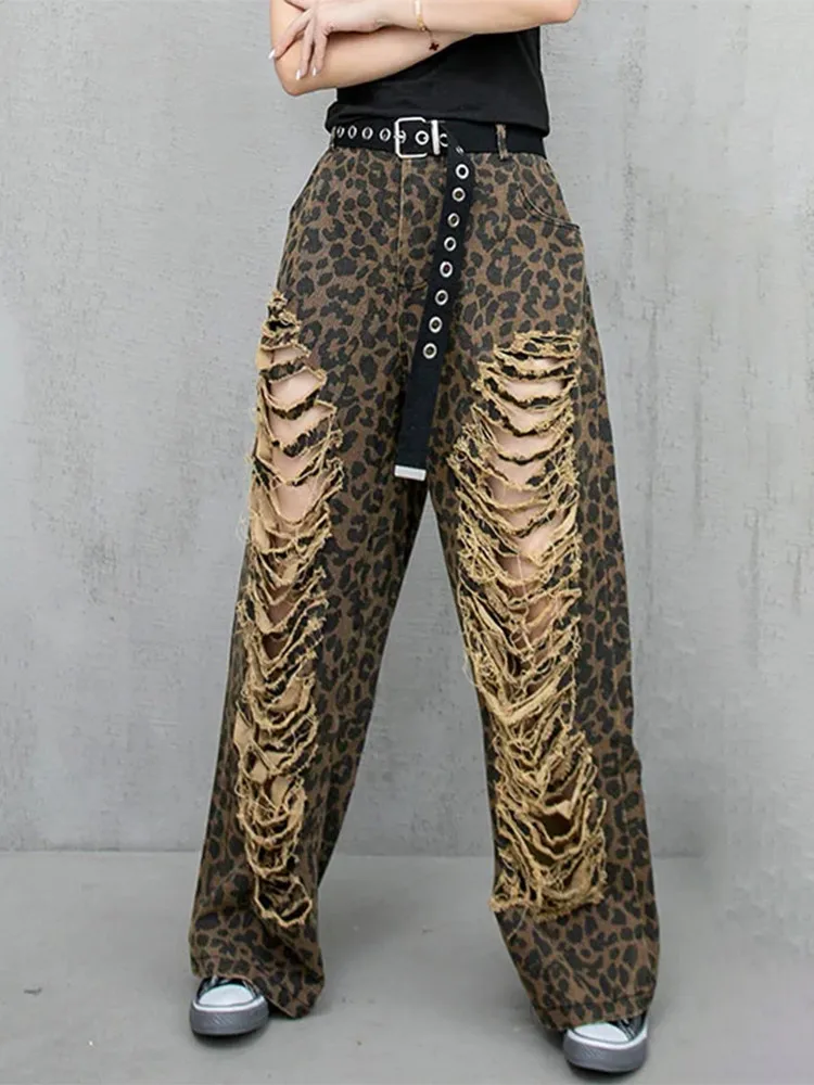 TWOTWINSTYLE Colorblock Leopard Printing Pant For Women High Waist Hollow Out Streetwear Wide Leg Pants Female Fashion Clothes