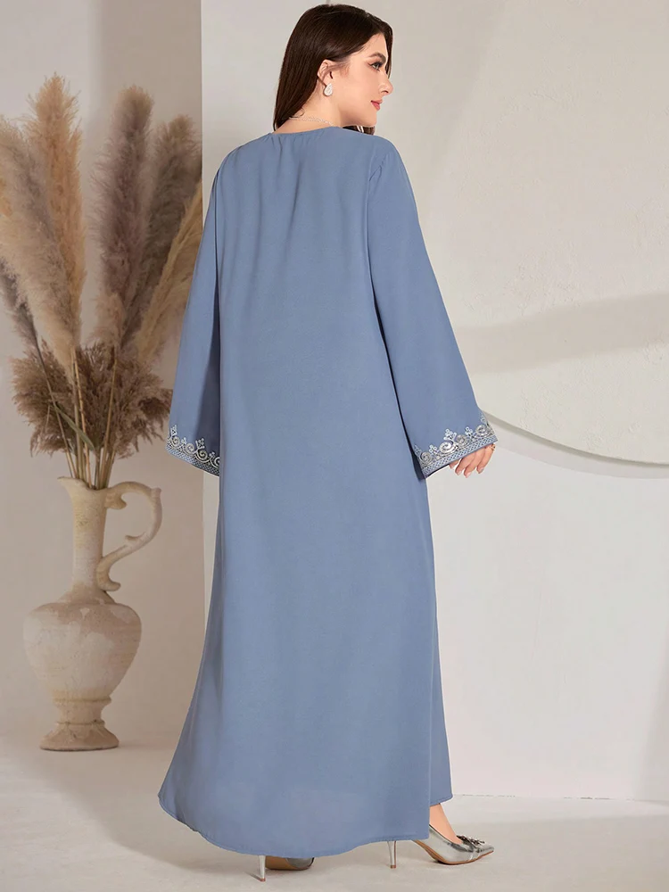 TOLEEN 2024 New Plus Size Women Luxury Elegant Sequins Embroidered V-Neck Long Sleeve Loose Straight Arabian Modest Maxi Dress