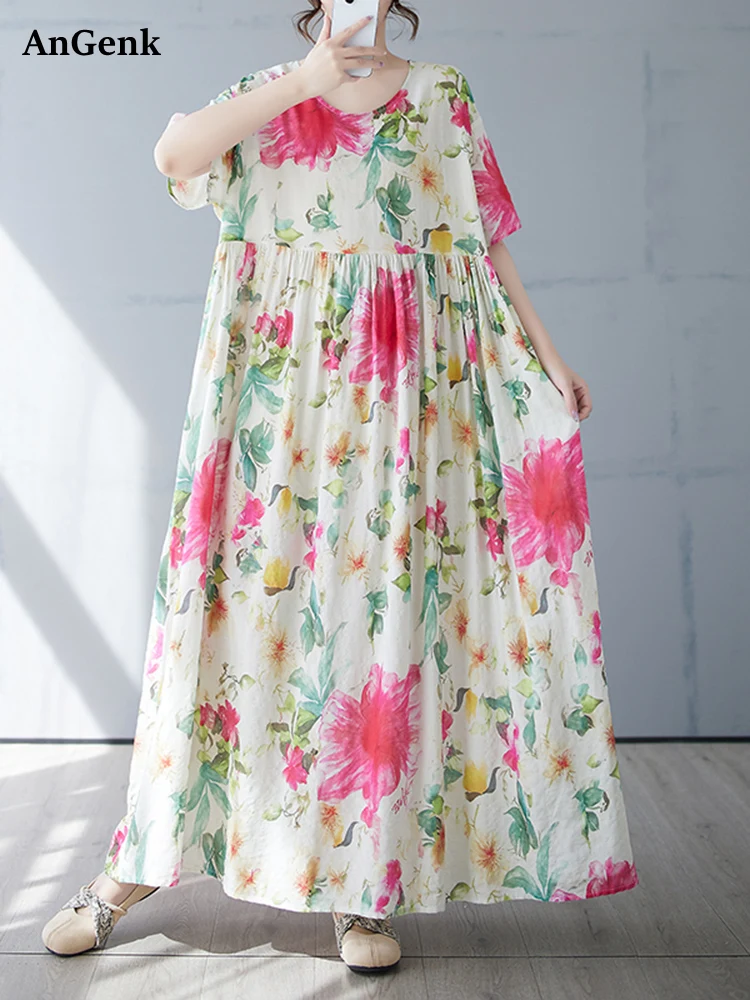 Oversized Cotton Short Sleeve Vintage Floral Print Dresses For Women Summer New In Loose Casual Long Dress Elegant Clothing 2025