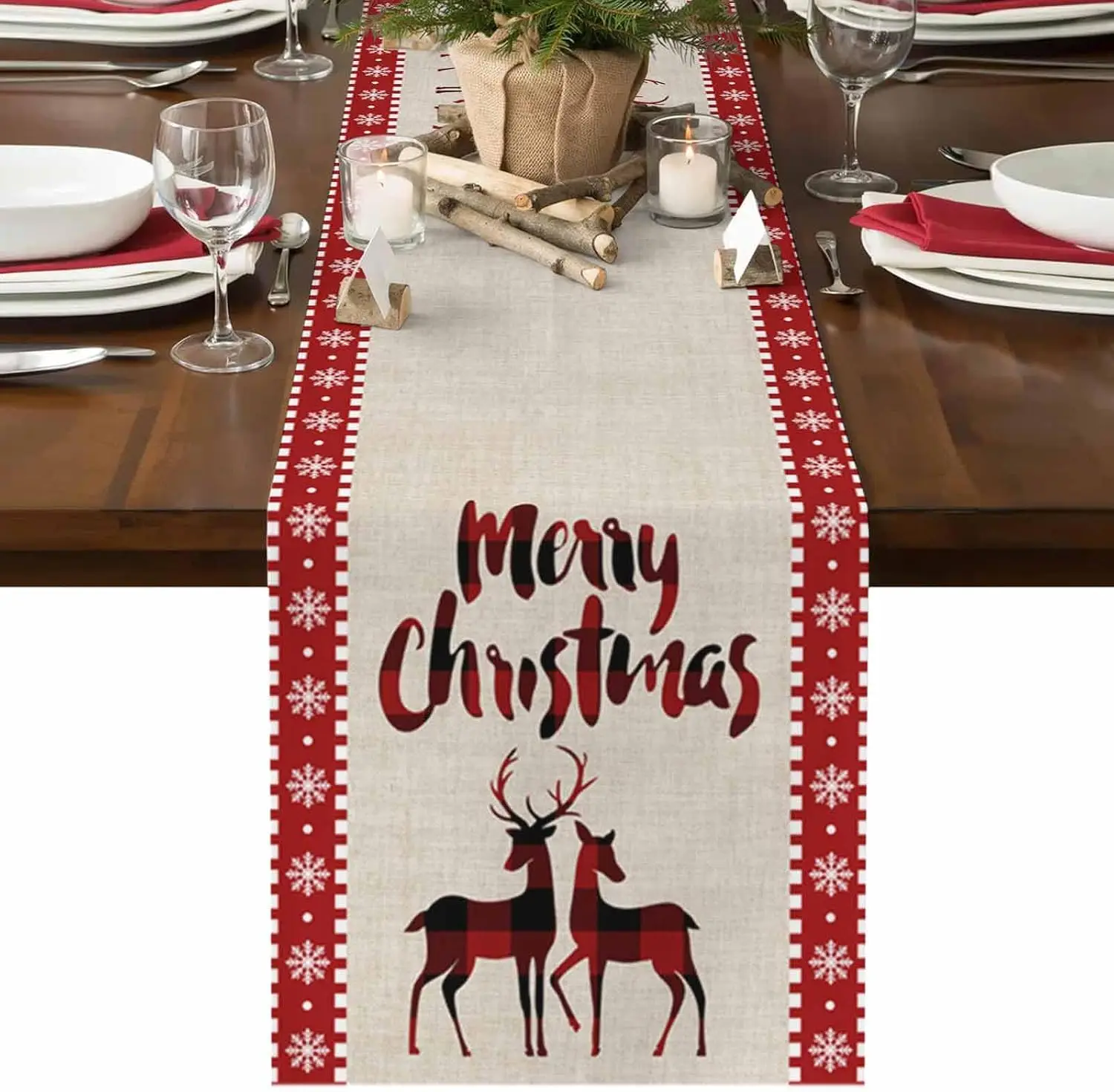 Christmas Elk Snowflake Red Buffalo Plaid Table Runner Party Decor Winter Xmas Kitchen Dining Table Runner Christmas Decorations