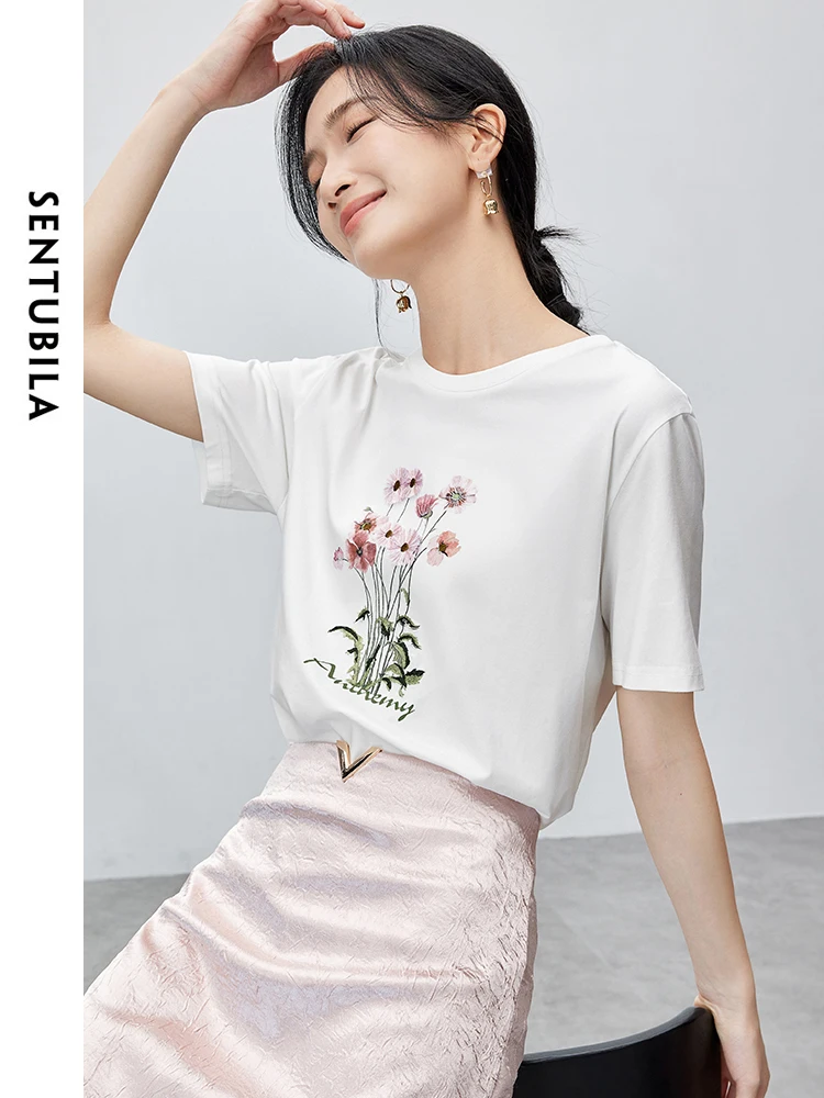 

SENTUBILA Women Summer T Shirt 2024 Three-dimensional Floral Simple Casual Loose Short Sleeve Thin T-shirt Womens Tops 142T55054