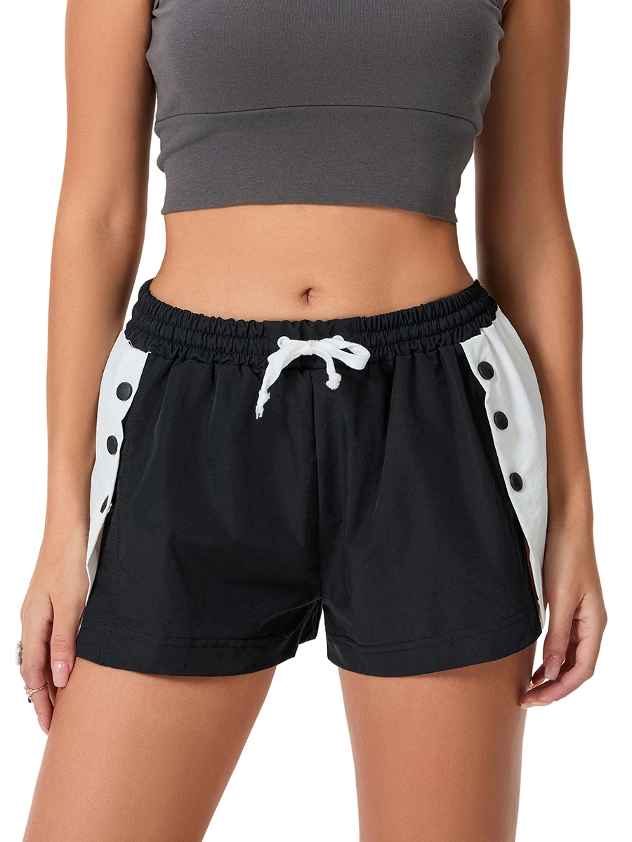 Women’s Contrast Color Shorts Casual Elastic Shorts Summer High Waisted Side Button Loose Running Athletic Shorts