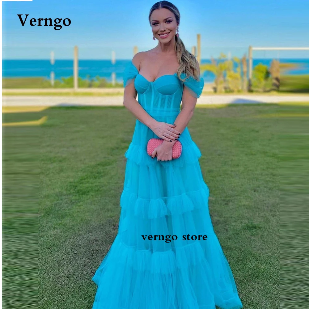 

Verngo Light Sky Blue Tulle A Line Long Evening Dresses Off the Shoulder Arabic Women Elegant Formal Prom Party Dress 2023 New