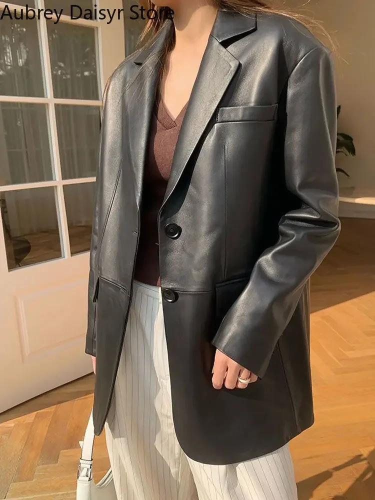 Korean Black Leather Moto Jacket High Street Chic Loose Leather Suit Blazers Streetwear Ladies Fashion Trend Thin Biker Coat New