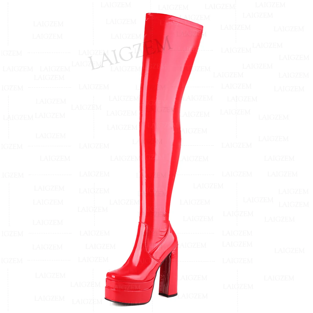 LAIGZEM Women Thigh High Boots Elastic Pull On Square Toe Block Thick High Heels Boots Ladies Shoes Woman Plus Big Size 33 44 46