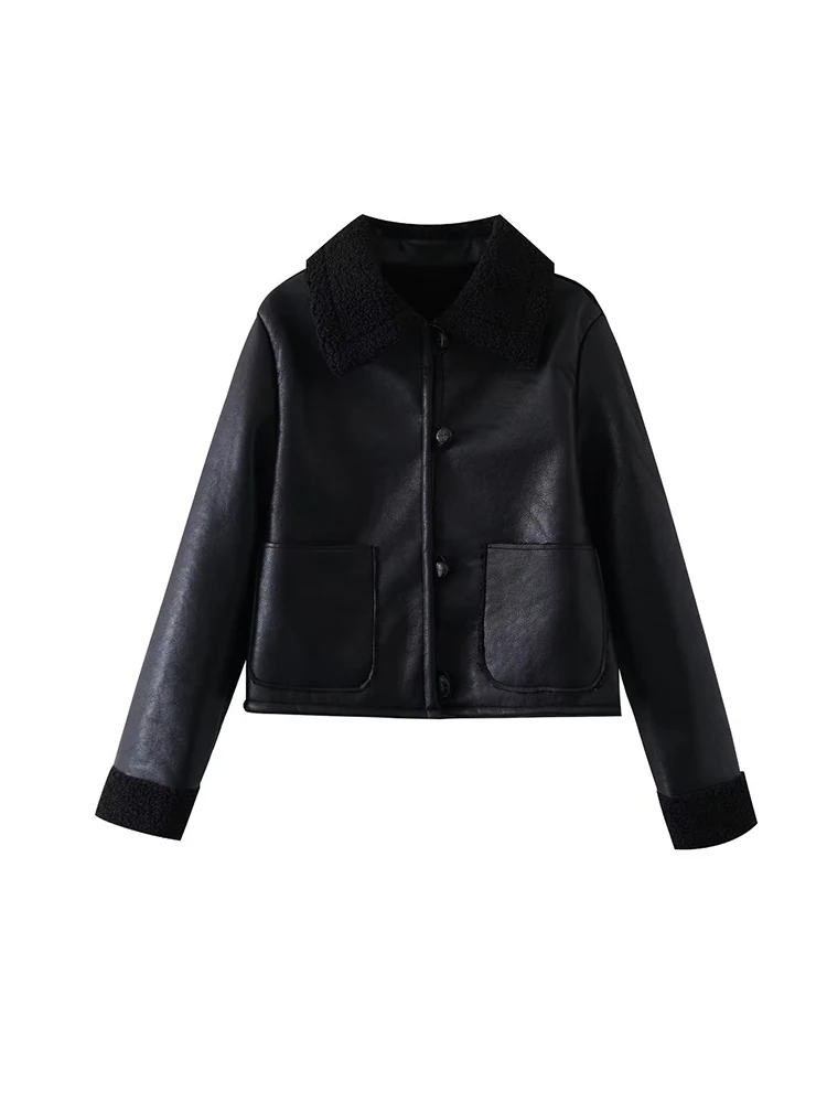 Vintage Women Faux Leather Fleece Jackets 2023 Autumn-Winter Fashion Ladies Elegant Motobiker Short Jacket Casual Female Chic