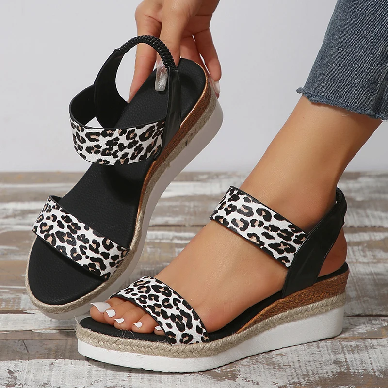 Leopard Print Wedge Heel Sandals Women Summer Light Non Slip Gladiator Sandalias Woman Plus Size Fashion Platform Sandles Mujer