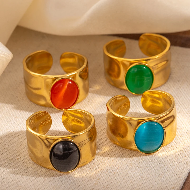 ANENJERY 316L Stainless Steel Colorful Stone Wide Smooth Open Ring for Women Men Elegant Noble Jewelry Gifts Wholesale