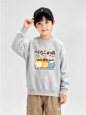 Kids Boys Sweatshirt Cartoon Three Parrots Graphic Print Crew Neck Long Sleeve Pullover Teen Boy Casual Streetwear Children Tops