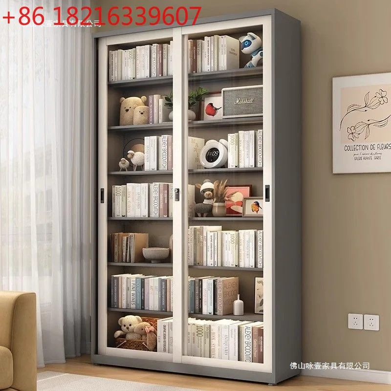 ตู้หนังสือบานเลื่อน ตู้โชว์บานเลื่อนพร้อมกุญแจ ตู้โชว์กันฝุ่น ชั้นวางหนังสือเด็ก ประตูเหล็กกระจก