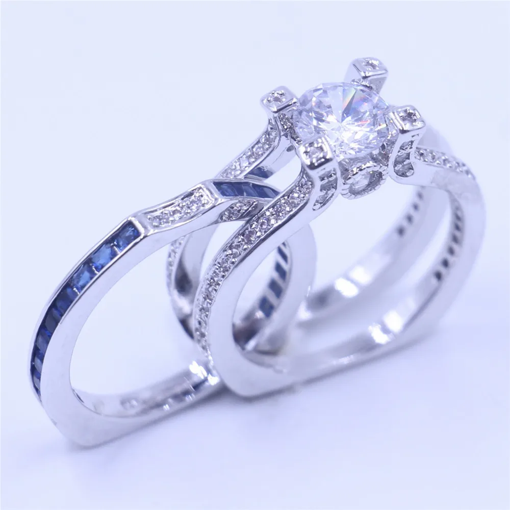 Valuable 2-in-1 Lab Sapphire Diamond Ring Set 925 Sterling Silver Wedding Band Rings for Women Men Promise Party Jewelry Gift