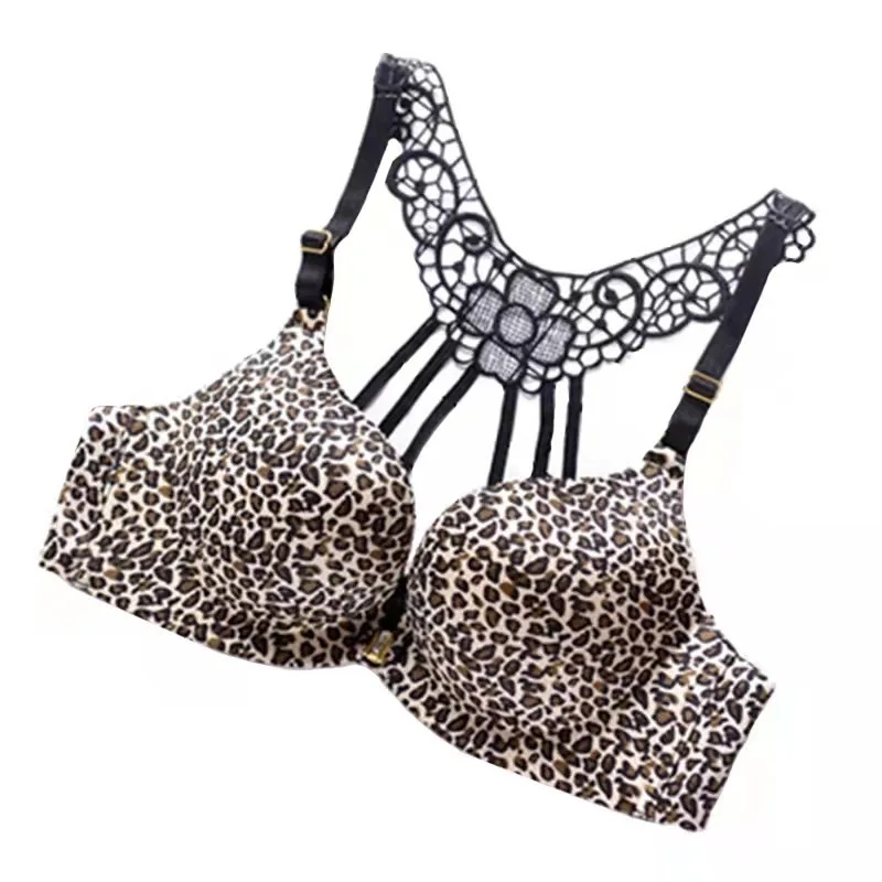 Fashion Front Closure Underwired Beauty Back Underwear Women\'s Thin Leopard Print Bra Thick Push up Wireless Girl Bra