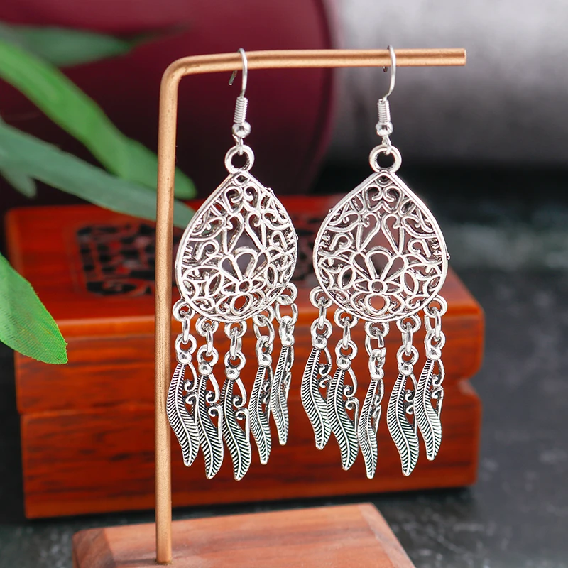 Aihua Mode Aussage böhmischen Vintage ethnischen großen runden Tropfen Ohrring lange geschnitzte Blumen Tropfen Ohrringe für Frauen – Detail 31