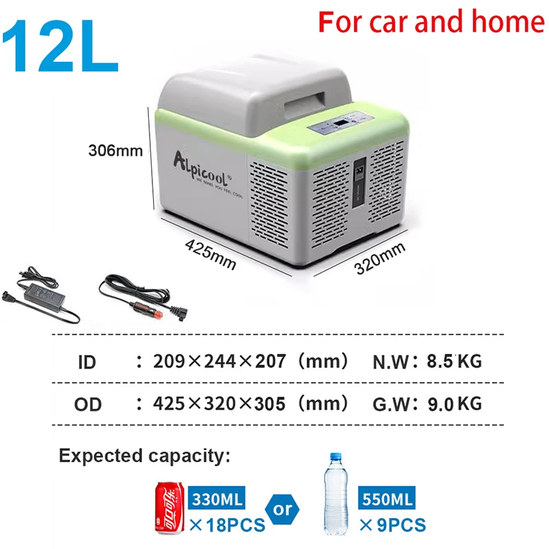 Alpicool 12L Car Refrigerator 12V/24V Portable Mini Fridge 110V-220V Compressor Freezer For Car Home Camping Fast Refrigeration