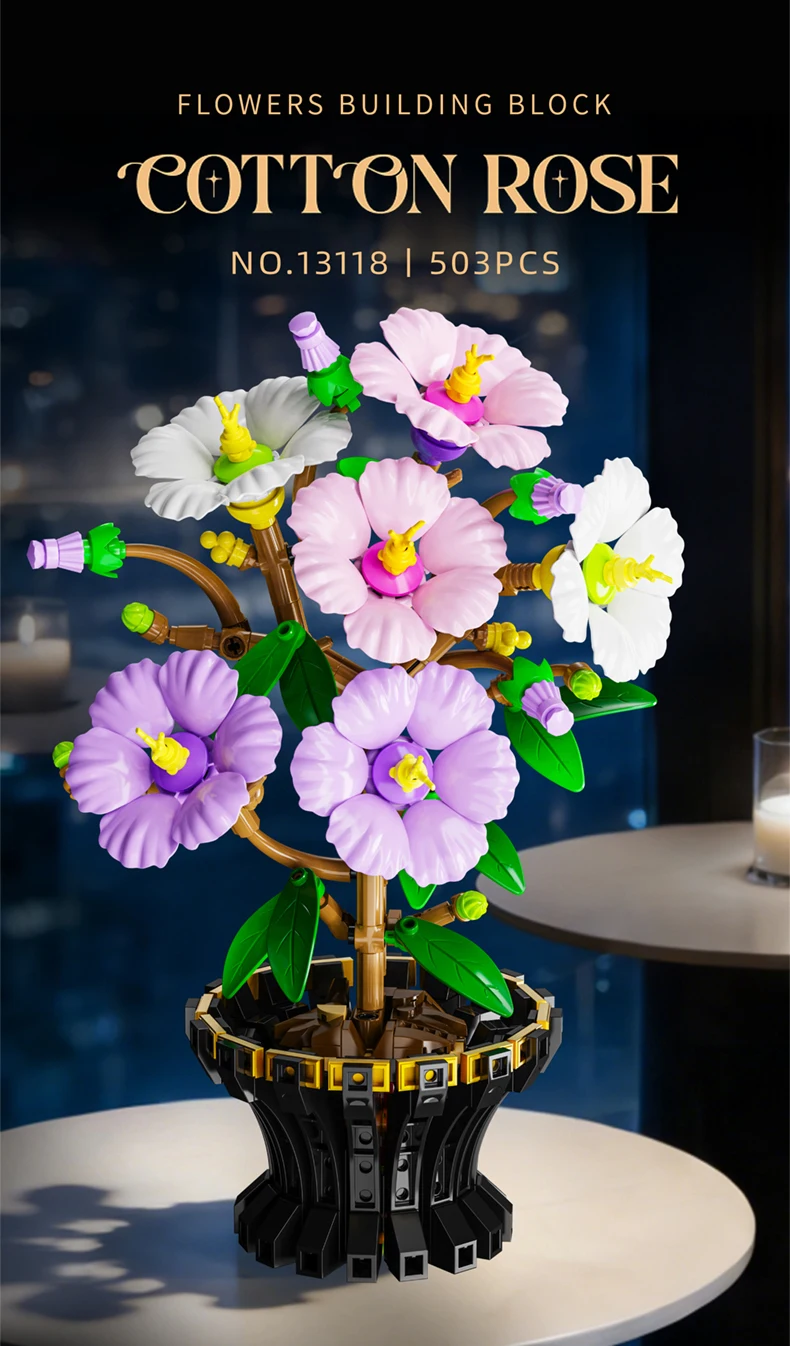 Kreativer Hibiskus-Pflaumenblüten-Blumenstrauß im Topf, Bausteine, Kranichblume, Heim-Pflanzendekoration, Zusammenbaubare Bausteine, Spielzeug, Geschenk für Erwachsene – Detail 9