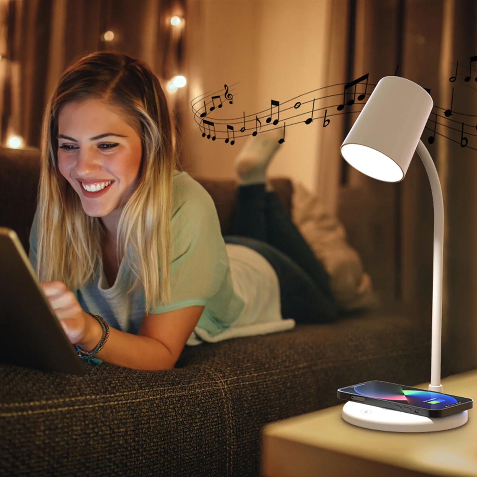 3 In 1 Table Night Light Bluetooth Speaker Colorful Bedside LED Desk Lamp with Wireless Charger Mobile Phone Charger Stand