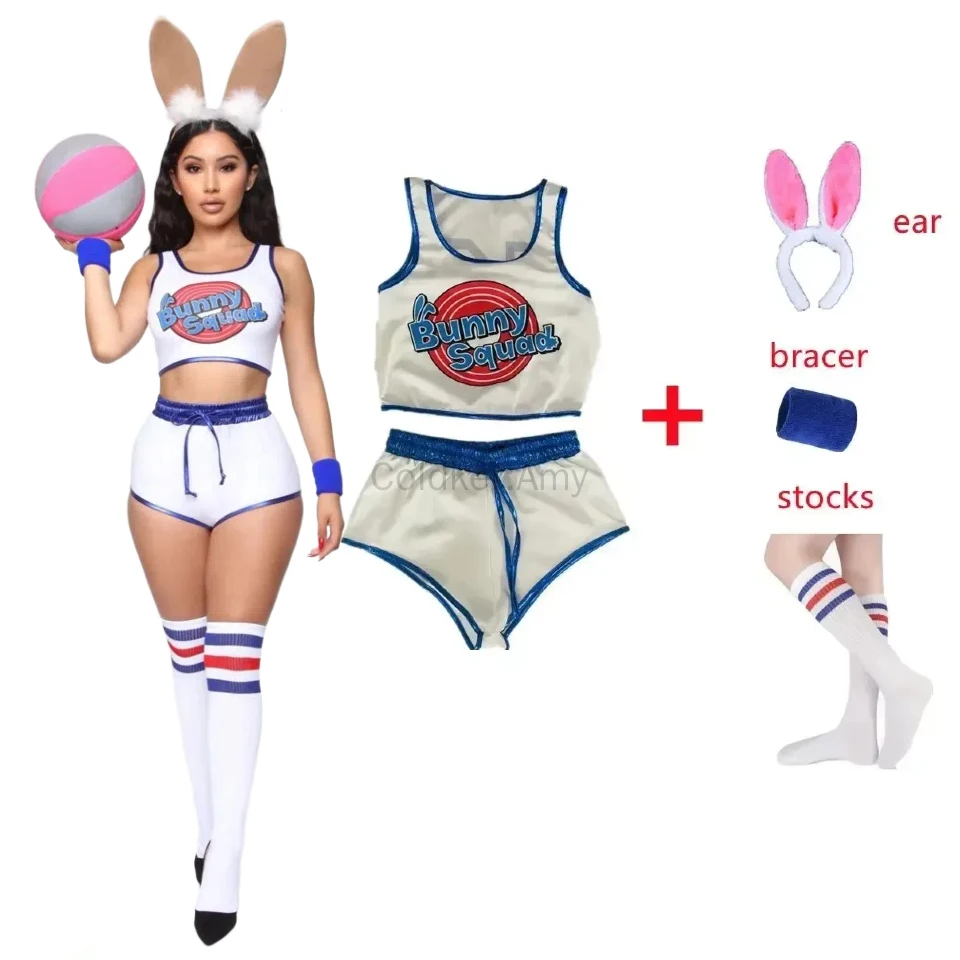 

Cute Bunny Cheerleader Costume Top Shorts Set for Women Halloween Cosplay Party with Ears Accessories