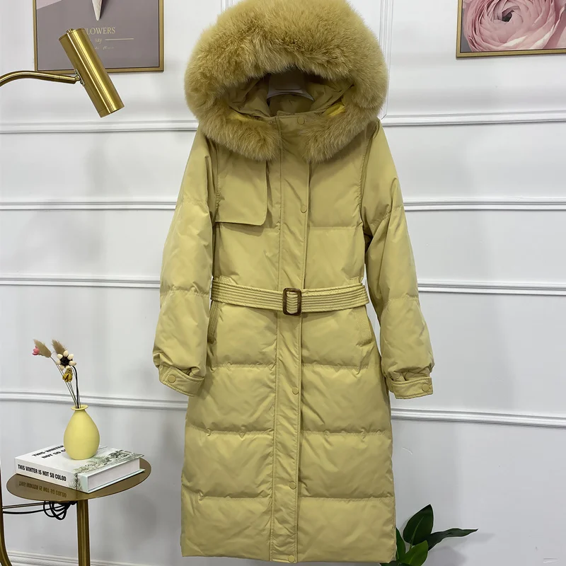 Chaqueta de plumón de pato con capucha para mujer, abrigo largo grueso, cuello de piel de zorro Real, Parkas de plumas, ropa de invierno para mujer