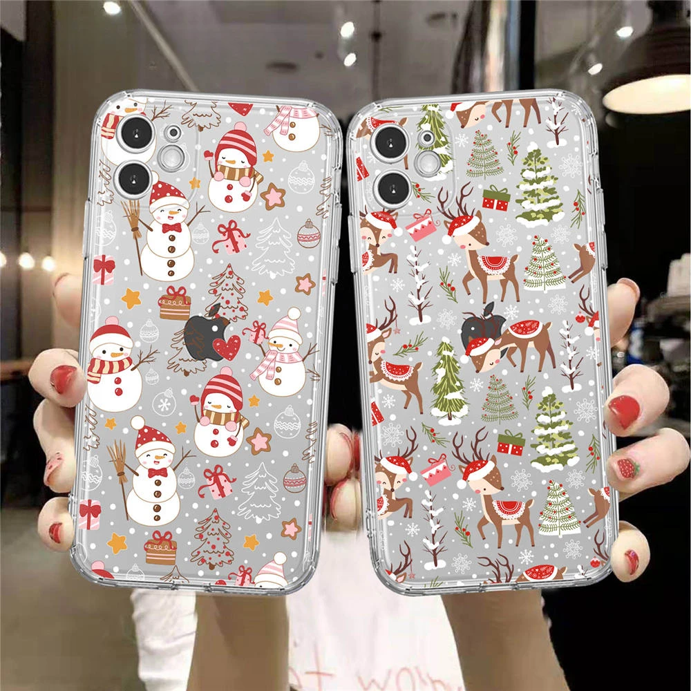 Merry Christmas Phone Case For iPhone 15 11 12 14 13 Pro Max Mini Plus XSM XR SE2 7 8 Snowman Elk New Year Mobile Phone Covers