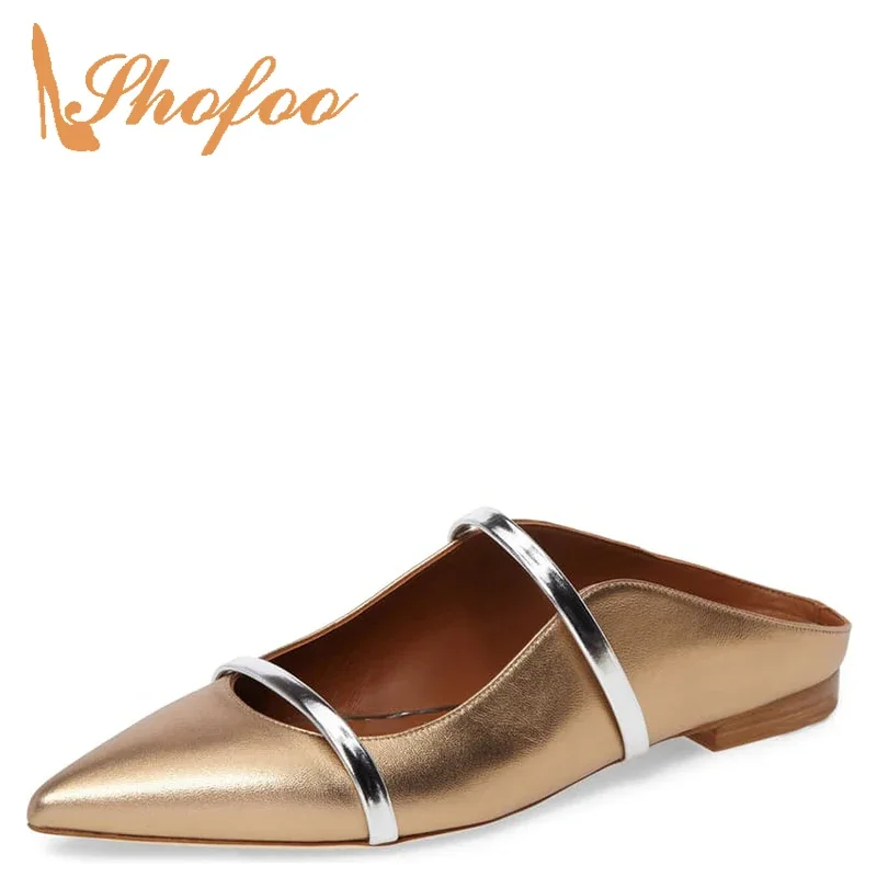 

Pointed Toe Gold Woman's Flats Mules Shallow Narrow Bands For Large Size 13 15 Ladies Summer Beach Footwear Fashion Shoes Shofoo