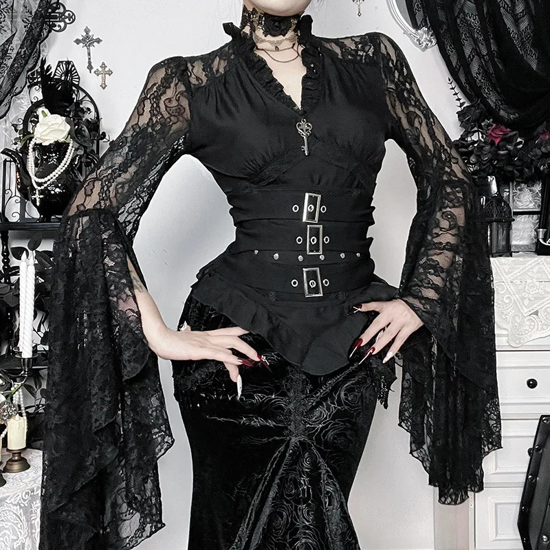 

2026 New Vintage Dark Elegant Lady V-neck Flare Sleeve Slim T-shirts Gothic Techwear Sweet Lace Patchwork Blouses Thin Tee Tops