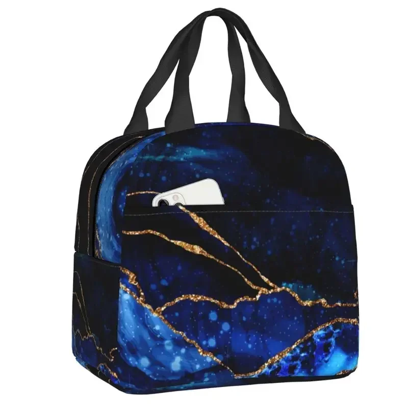 Elegant Blue And Gold Gemstone Insulated Lunch Bag Marble Abstract Geometric Teal Cooler Thermal  Box Kids School Children