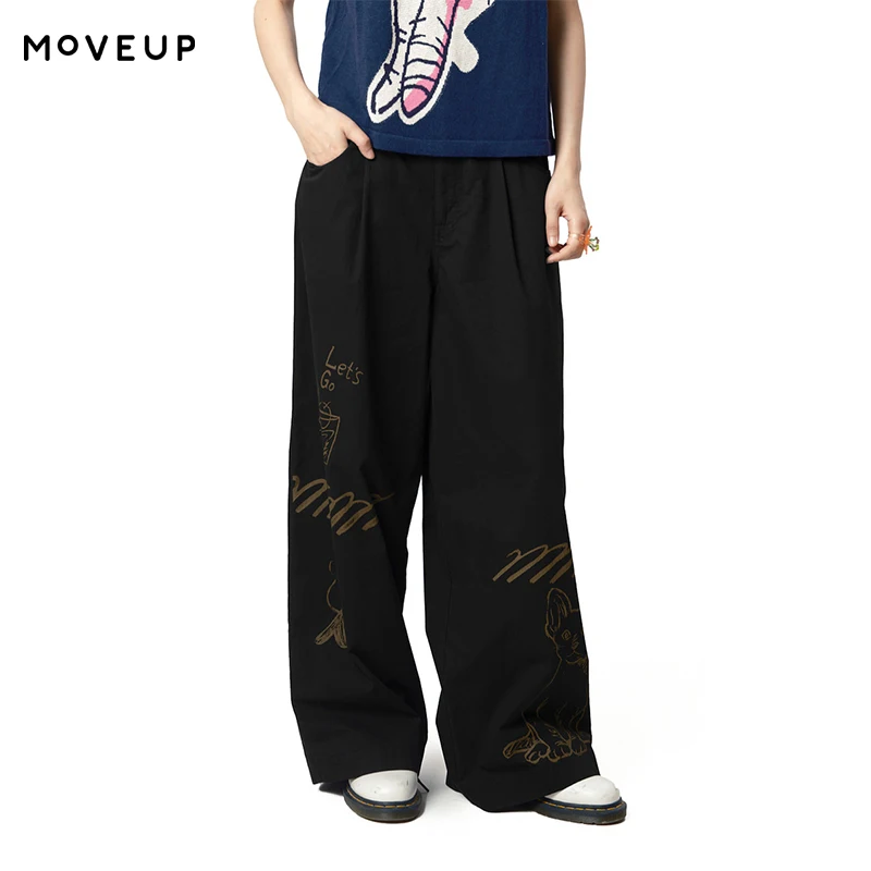 MOVEUP Casual Straight Pants 2026 Spring Elastic Waist Contrasting Print Pure Cotton Personalized Trousers For Women 325120121