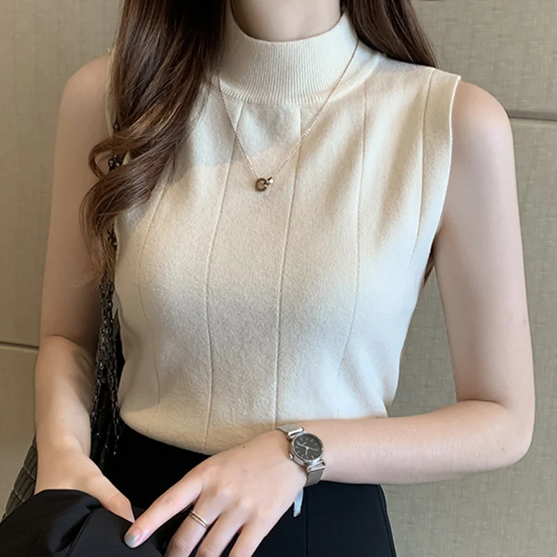 Blouse Women Blusas Mujer De Moda 2024 Verano Sleeveless Knitted Blouse Shirt Women Tops Turtleneck Blouse Women Blouses E405