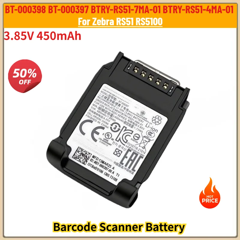 High Quality BT-000398 BT-000397 BTRY-RS51-7MA-01 BTRY-RS51-4MA-01 Battery for Zebra RS51 RS5100 Barcode Scanner 3.85V 450mAh